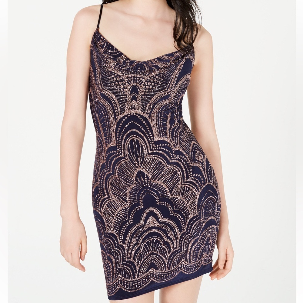 Jump Apparel Sz S glitter fitted bodycon blue copper cocktail dress